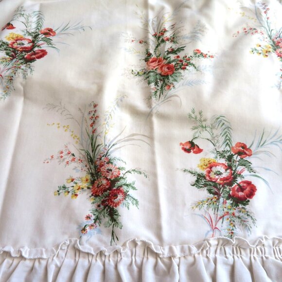 Vintage Muslin Sheet Set 1 Twin Fitted Standard Ruffle Pillow Sham Beige Floral - Picture 1 of 8